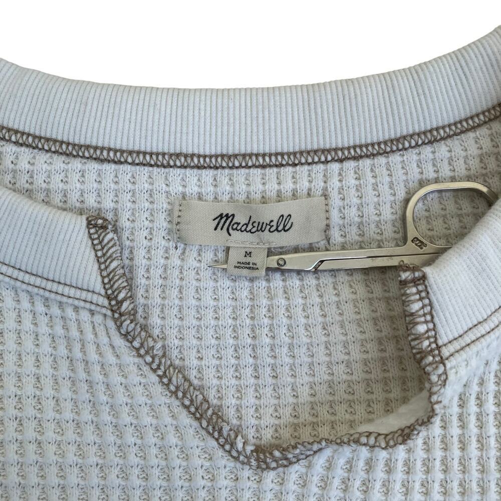 Madewell Sz M Boxy Cropped Waffle Knit Split Neck Long Sleeve Tee Antique Cream - Picture 8 of 16